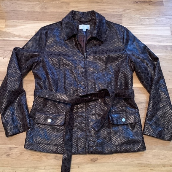 erin london Zip-Up Belted Shiny Leopard Print Jacket Women’s M - Picture 1 of 15